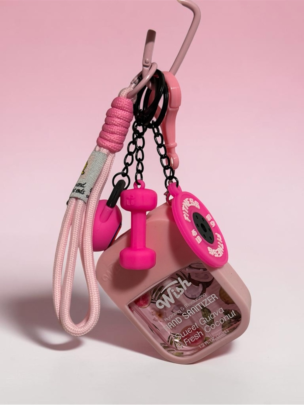Pink Fitness Charm Hand Sanitizer Key Holder with Wrist Strap